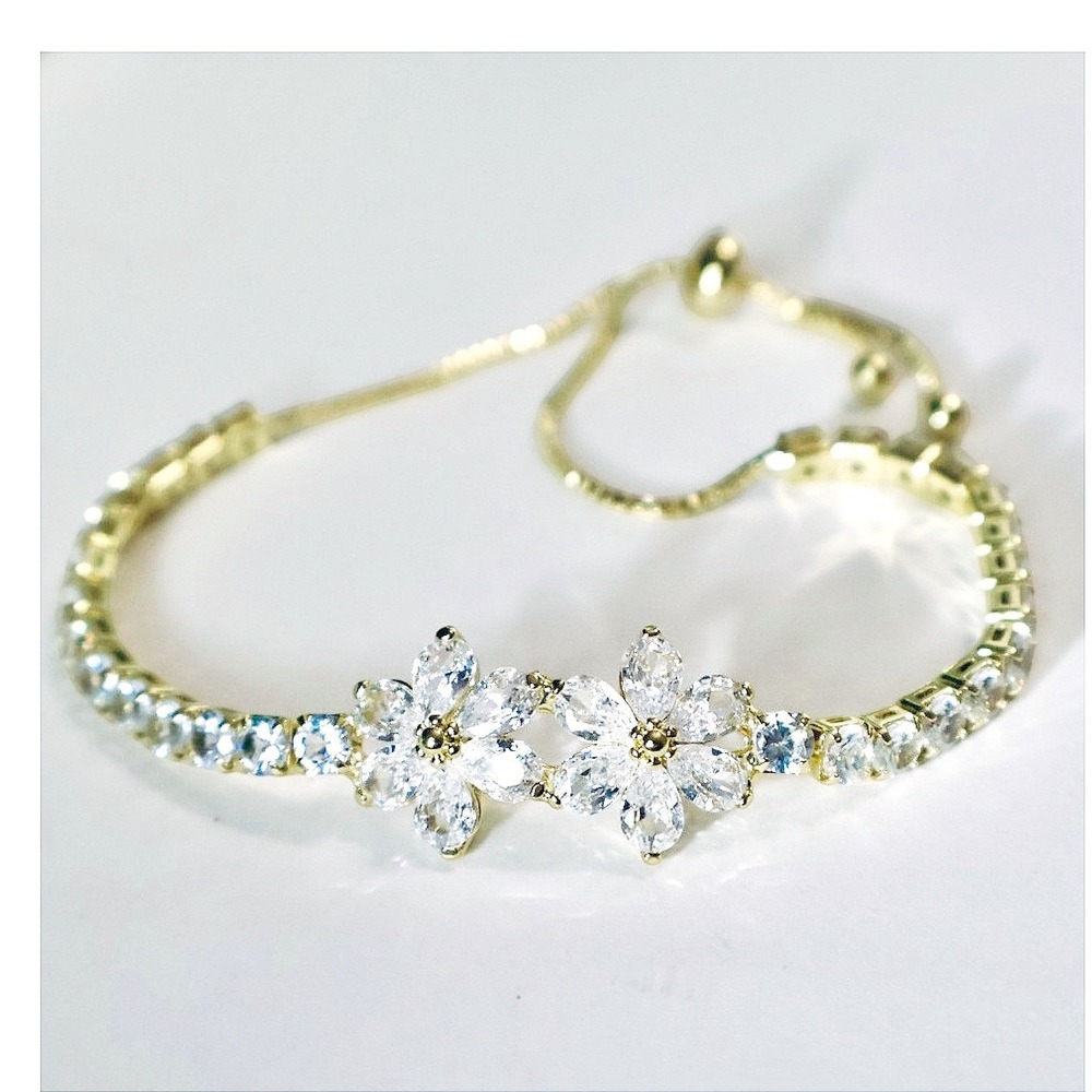 Swarovski Crystal Floral Tennis Bracelet Gold Plated Adjustable Bolo Slider New